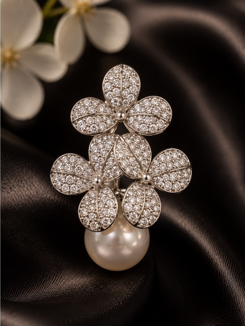 Pearl Drop Floral Crystal Stud Earrings - Women Jewelry